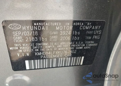 2019 Hyundai Elantra Sel from USA, damaged, VIN KMHD84LFXKU767802
